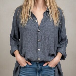 CP SHADES Vintage Floral Embroidered Jacquard Oversized Blouse Silver Blue